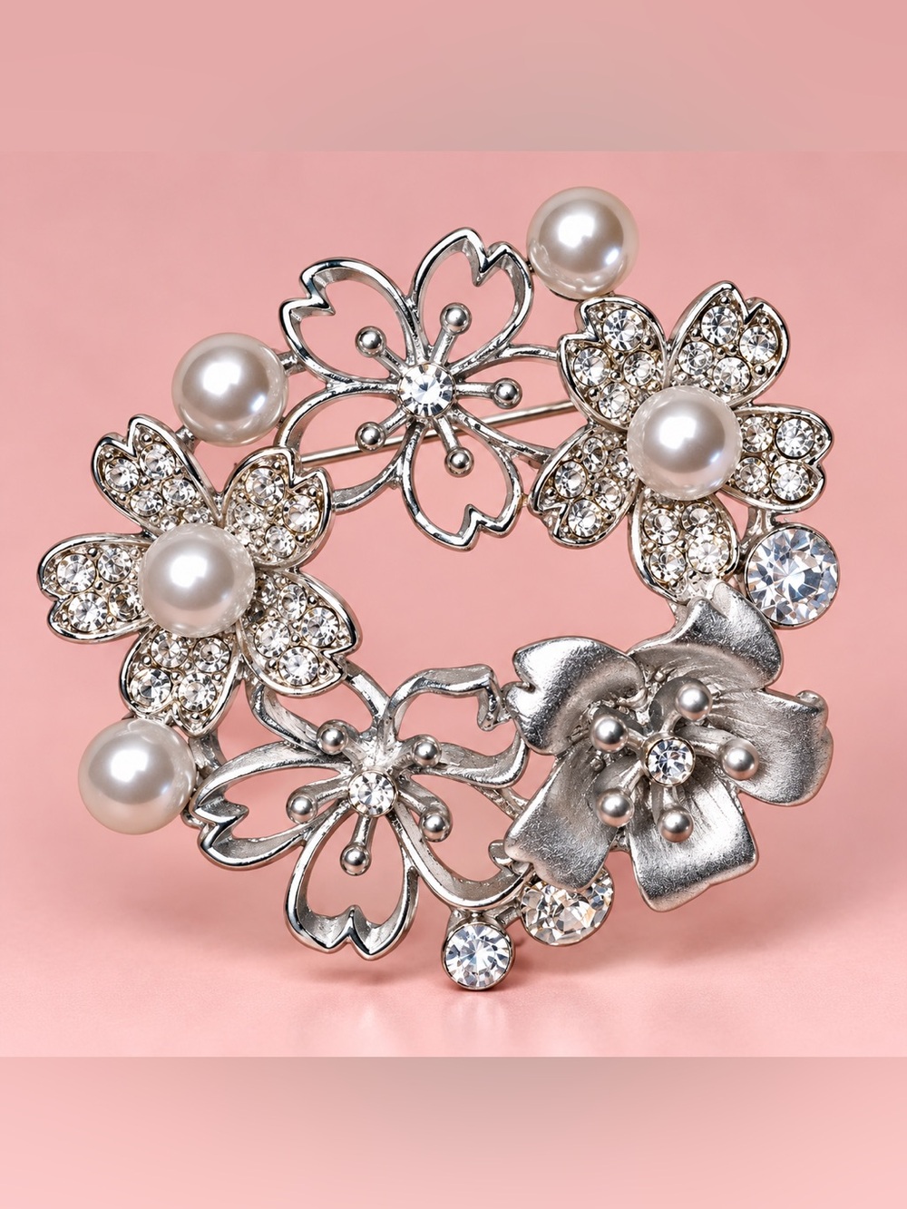 Silver Floral Pearl & Crystal Brooch - Elegant Women Jewelry